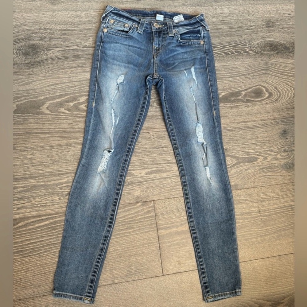True Religion Destroyed Super Skinny Wheat Jean Size 26